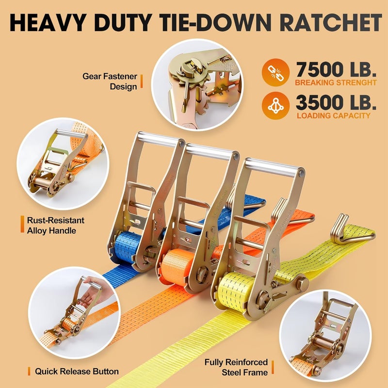 EVANCENT 2Pack Ratchet Straps Heavy Duty-2 Inch x 20 Feet(7,500lb Break Strength), Tie-Down Ratcheting with J-Hook Cargo Straps Tiedown Ratchet for Moving and Transports with Trailers, Pickup, Flatbed Trucks - Image 4